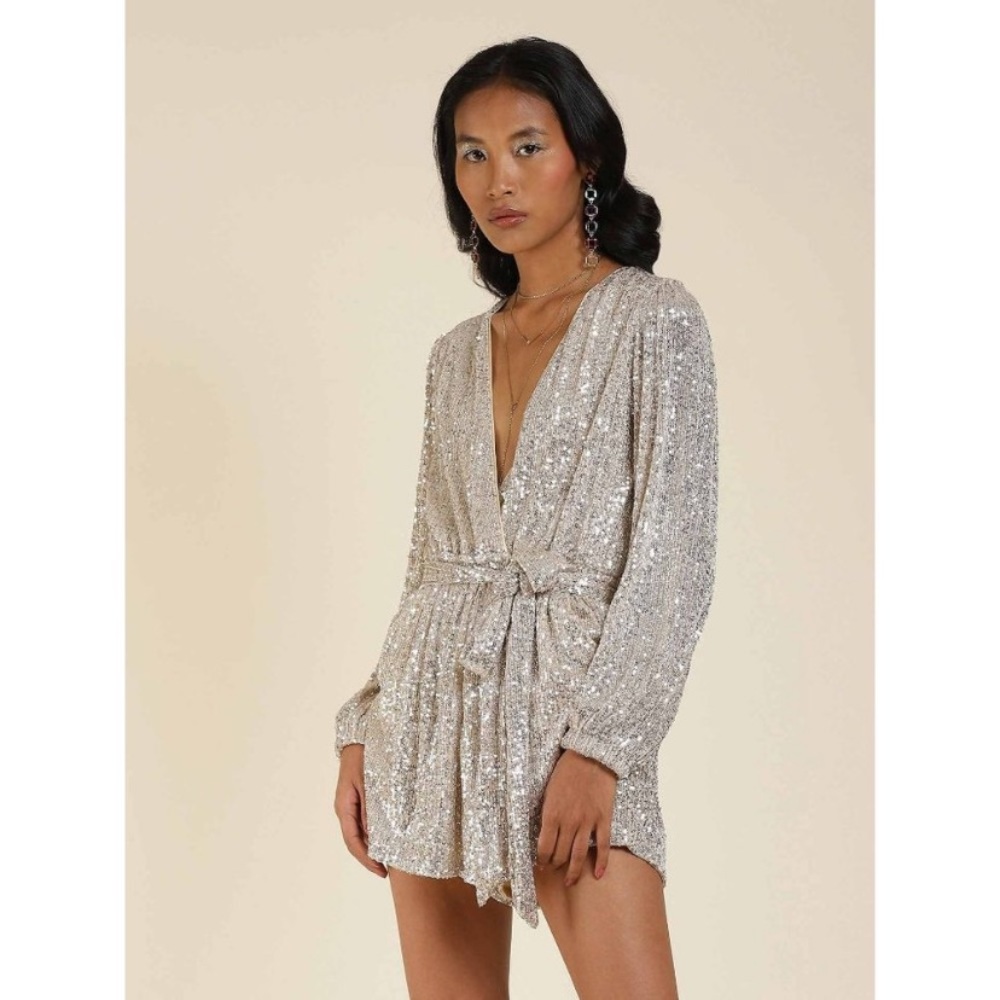 Saints & Hearts Champagne Sequin Long Sleeve Belted Wrap Romper Size L